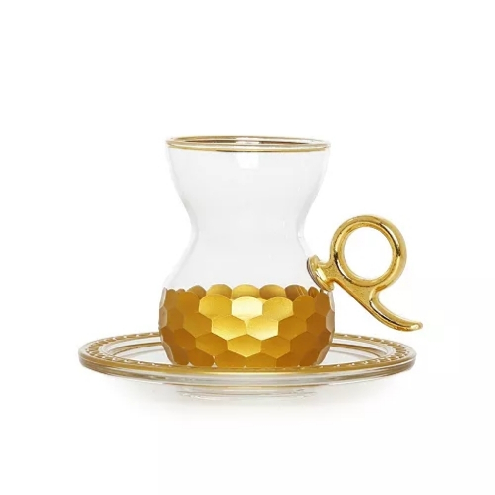 Classic Touch Set/6 Tea Glasses and Saucers w/ Gold Hammered Design